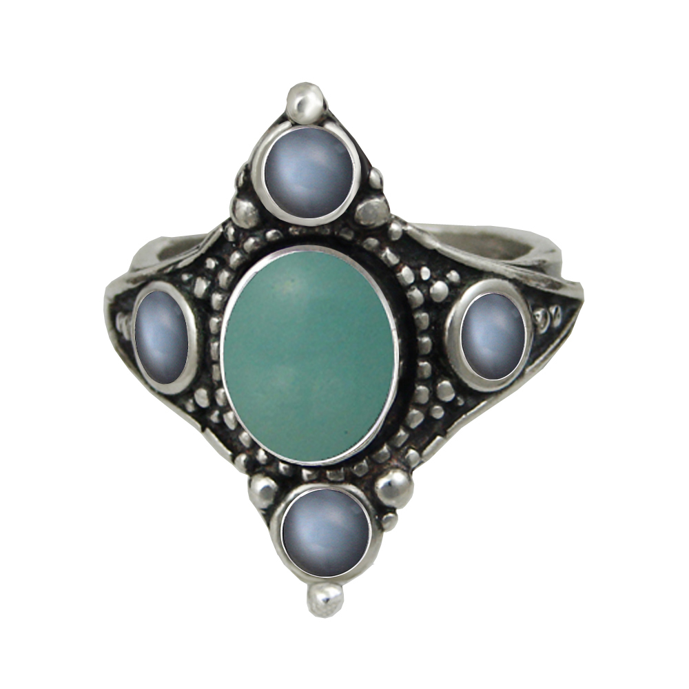 Sterling Silver Renaissance Queen's Ring With Aventurine And Grey Moonstone Size 9
